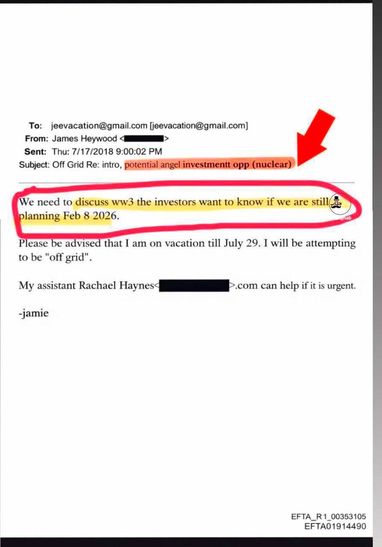 ⚡️🇮🇷🇺🇸 Էպշտեյնի փաստաթղթերից մեկում նշվում է, որ Երրորդ համաշխարհային պատերազմը կսկսվի 2026 թվականի փետրվարի 8-ին