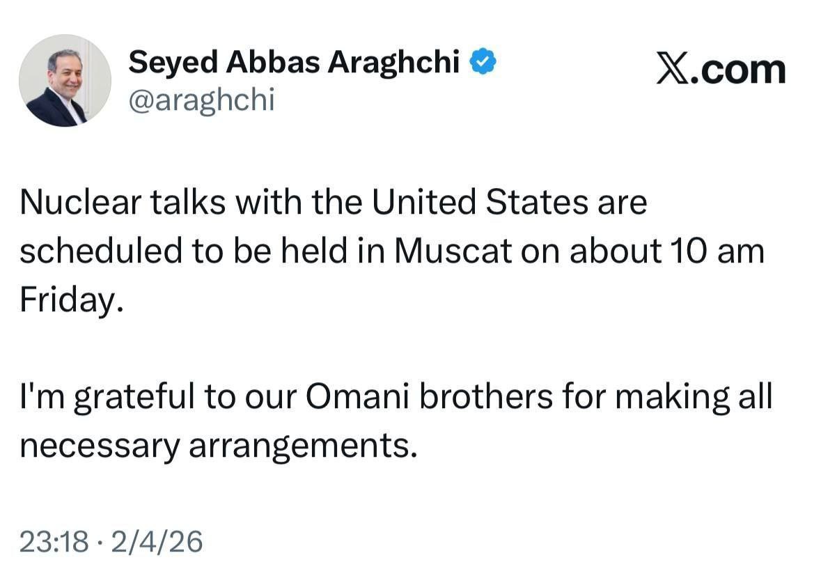 🇺🇸🇮🇷 Իրանի արտգործնախարար Աբբաս Արաղչին X-ի միկրոբլոգում գրել է, որ Միացյալ Նահանգների հետ բանակցությունները տեղի կունենան ուրբաթ օրը